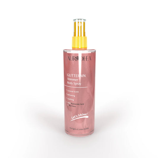 Aurodhea SOL22 Glitterain – Pink Shimmer Body Spray mit Kokosduft – 150 ml, rosa Glanz & kühlende Pflege mit Aloe Vera & Hyaluronsäure