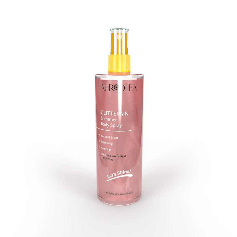 Aurodhea SOL22 Glitterain – Pink Shimmer Body Spray mit Kokosduft – 150 ml, rosa Glanz & kühlende Pflege mit Aloe Vera & Hyaluronsäure
