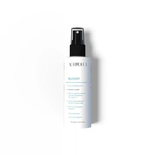 BUZZOFF – Mückenschutz Lotion mit Pflanzenkraft, 150 ml in weißer Sprühflasche von Aurodhea. Effektiver Insektenschutz für empfindliche Haut.
